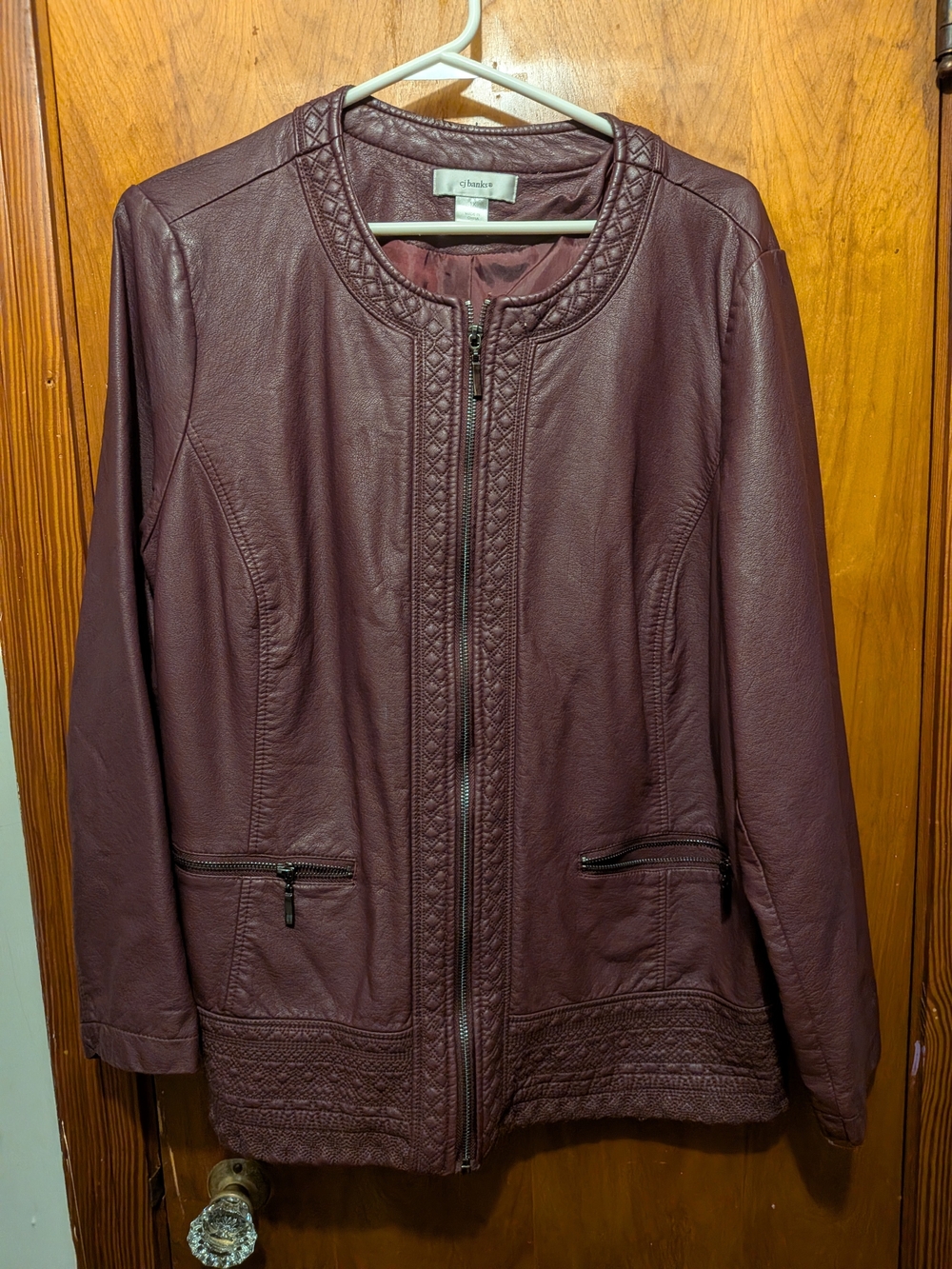 CJ Banks Deep Wine Faux Leather Zip Front Jacket